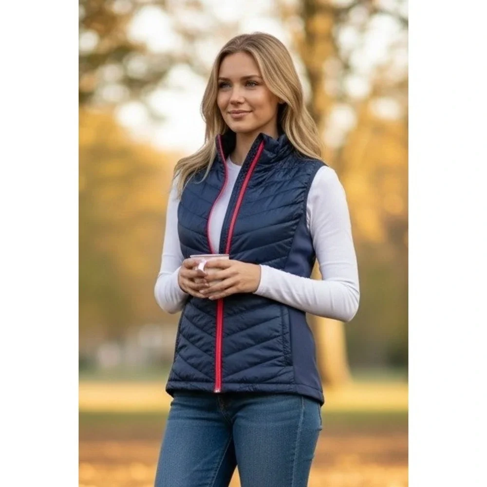 Columbia Womens Powder Lite Hybrid Omni-Heat Puffer Vest Navy Blue Pink‎ Size L